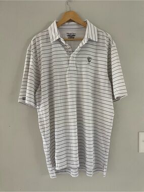 Mens Straight Down White and Gray Striped Polo Shirt